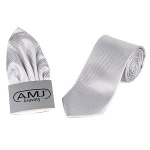 Kravata pánská s kapesníčkem AMJ, kostičkovaná, KK0556, světle šedá