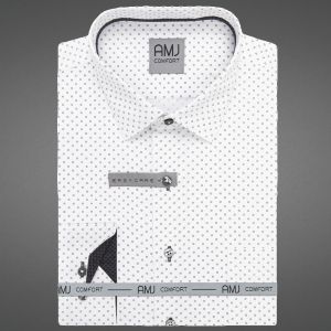 Pánská košile AMJ bavlněná, bílá s černými puntíky VDBR1413, dlouhý rukáv (regular + slim-fit + prodloužený slim-fit)