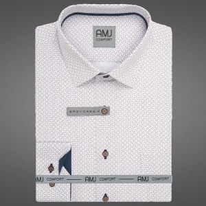 Pánská košile AMJ bavlněná, bílá s modro béžovým vzorem VDSBR1462, dlouhý rukáv, slim-fit