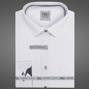 Pánská košile AMJ bavlněná, bílá se světle a tmavě šedým vzorem VDBR1471, dlouhý rukáv (regular + slim-fit + prodloužená délka)