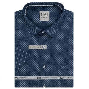 Pánská košile AMJ bavlněná, tmavě modrá, bílé kostičky, VKBR1441, krátký rukáv, (regular + slim fit)
