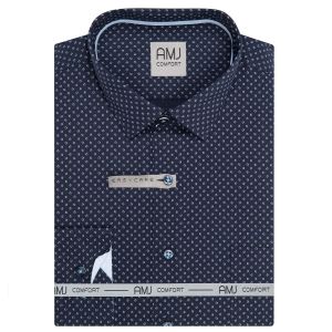 Pánská košile AMJ bavlněná, tmavě modrá s bílomodrými zrnky VDBR1480, dlouhý rukáv (regular + slim-fit + prodloužený slim-fit)