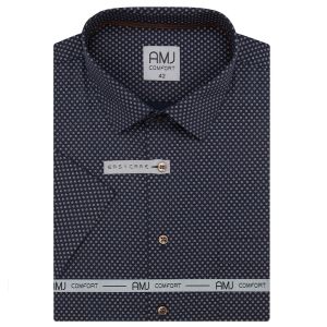 Pánská košile AMJ bavlněná, tmavě modrá, hnědé kytičky, VKBR1499, krátký rukáv, (regular + slim fit)