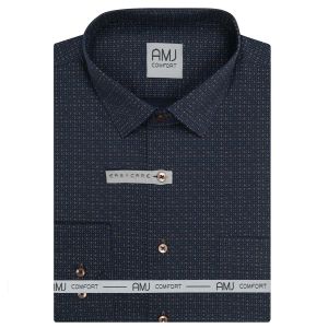 Pánská košile AMJ bavlněná, tmavě modrá s béžovými čárkovanými puntíky VDB1466, dlouhý rukáv (regular + slim-fit + prodloužená délka)