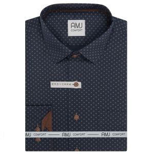Pánská košile AMJ bavlněná, tmavě modrá s květy VDBR1479, dlouhý rukáv (regular + slim-fit + prodloužený slim-fit)
