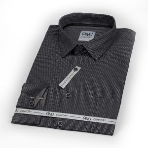 Pánská košile AMJ bavlněná, tmavě šedá s vlnkami a tečkami, VDBR1341, dlouhý rukáv (regular + slim-fit + prodloužený slim-fit)