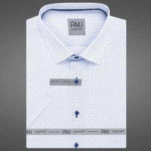 Pánská košile AMJ bavlněná, bílá, modré puntíky a čárky, VKBR1374, krátký rukáv, (regular + slim fit)