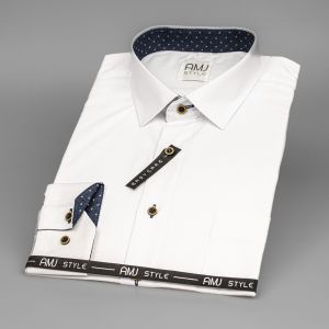 Pánská košile AMJ bílá s vetkávaným vzorem a modrými doplňky, VDR838/13, dlouhý rukáv, regular fit