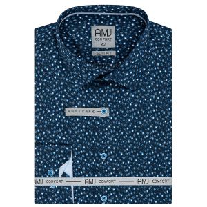 Pánská košile AMJ bavlněná, modrá s puntíky VDSBR1164, dlouhý rukáv, slim fit (základní + prodloužená délka)