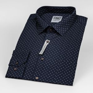 Pánská košile AMJ bavlněná, tmavě modrá s béžovými slzičkami, VDB1335, dlouhý rukáv (regular + slim-fit + prodloužená délka)