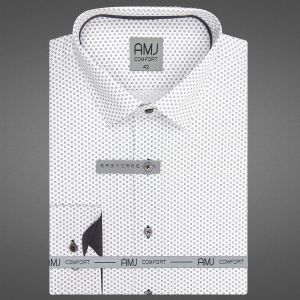 Pánská košile AMJ bavlněná, bílá s tmavě šedými čtverečky, VDBR1238, dlouhý rukáv (regular + prodloužený slim-fit)