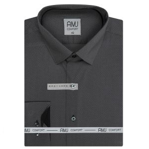 Pánská košile AMJ bavlněná, tmavě šedá s černými vlnkami a tečkami, VDBR1246, dlouhý rukáv (regular + slim-fit)