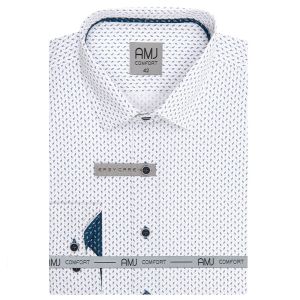 Pánská košile AMJ bavlněná, bílá s dvojitými modrými vlnkami, VDBR1247, dlouhý rukáv (regular + slim-fit)