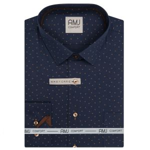 Pánská košile AMJ z lyocellu, tmavě modrá s hnědými dvojčárkami VDER1487, dlouhý rukáv (regular + slim-fit)