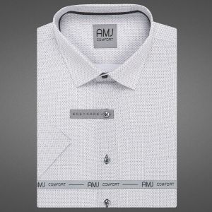 Pánská košile AMJ bavlněná, bílá s šedým síťovaným vzorem, VKBR1371, krátký rukáv, (regular + slim fit)