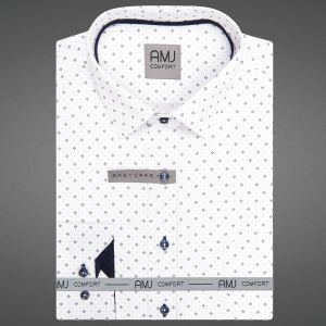 Pánská košile AMJ bavlněná, bílá s tmavě modrými čtverečky a tečkami VDBR1473, dlouhý rukáv (regular + slim-fit + prodloužená délka)