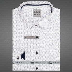 Pánská košile AMJ bavlněná, bílá s modrými a hnědými tečkami VDBR1484, dlouhý rukáv (regular + slim-fit + prodloužená délka)