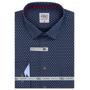 Pánská košile AMJ bavlněná, tmavě modrá se světle modrými tečkami a vzory, VDBR1316, dlouhý rukáv (regular + slim-fit)