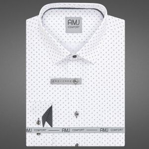 Pánská košile AMJ bavlněná, bílá s černými trojúhelníčky, VDBR1329, dlouhý rukáv (regular + slim-fit)