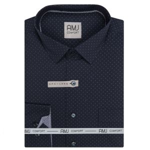 Pánská košile AMJ bavlněná, tmavě modrá s bílými čárkami VDBR1468, dlouhý rukáv (regular + slim-fit + prodloužený slim-fit)