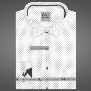 Pánská košile AMJ bavlněná, bílá s šedými ovlálky VDBR1470, dlouhý rukáv (regular + slim-fit + prodloužený slim-fit)