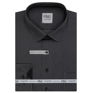 Pánská košile AMJ bavlněná, tmavě šedá síťovaná VDBR1515, dlouhý rukáv (regular + slim-fit + prodloužený slim-fit)