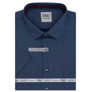 Pánská košile AMJ bavlněná, tmavě modrá s puntíky, VKSBR1359, krátký rukáv, slim fit