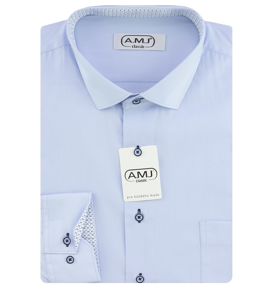 Pánská košile AMJ jednobarevná JDR46/16, světle modrá s modro-bílými doplňky, dlouhý rukáv, regular fit