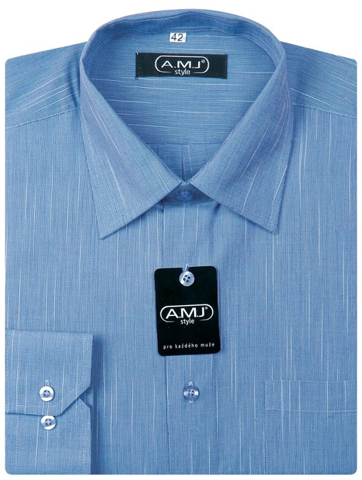 Pánská košile AMJ jednobarevná VDP022, fil-á-fil, modrá, dlouhý rukáv, prodloužená délka