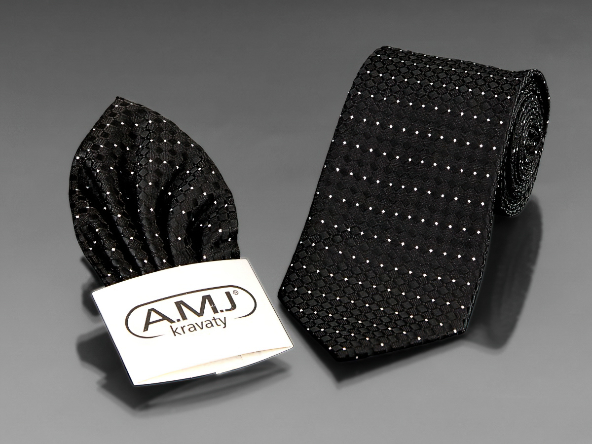 Kravata pánská s kapesníčkem AMJ, tečkovaný vzor KK0227, černá