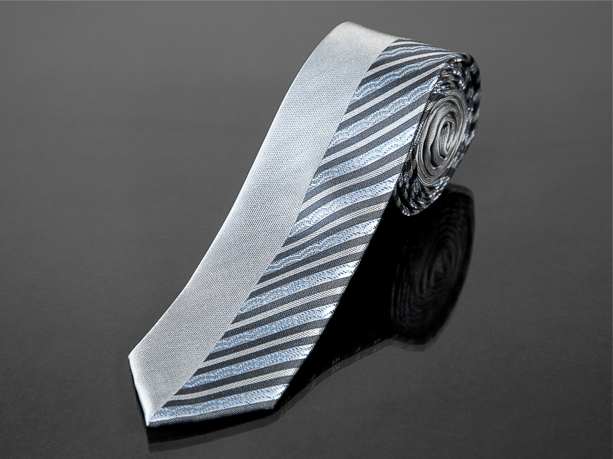AMJ kravata pánská úzká půlený proužkovaný vzor, KI0341, šedo-modrá