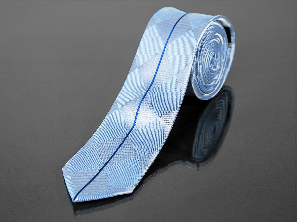 AMJ kravata pánská úzká károvaný vzor s proužkem, KI0339, modrá