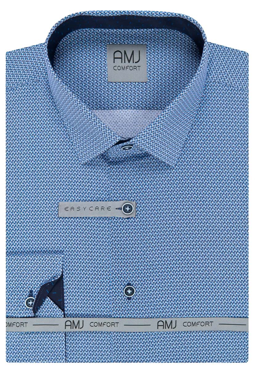 Pánská košile AMJ bavlněná, modrá puntíkovaná VDBPR1037, dlouhý rukáv, prodloužená délka