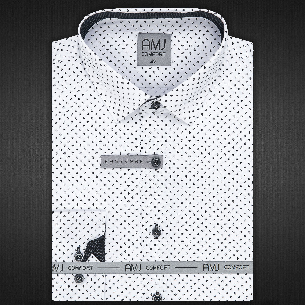 Pánská košile AMJ bavlněná, bílá s černými kapkami VDBR1157, dlouhý rukáv (základní + prodloužená délka)