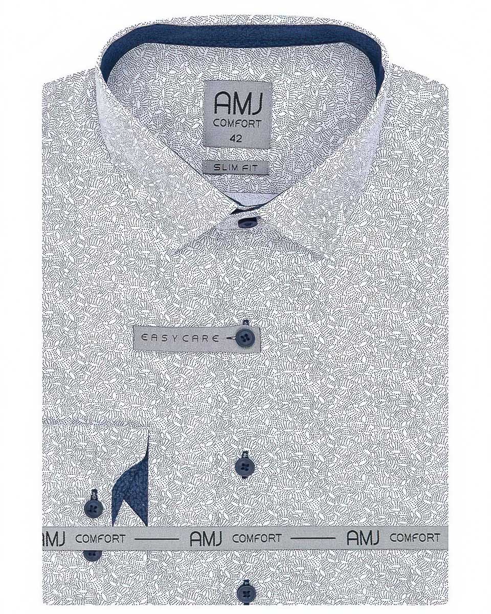 Pánská košile AMJ bavlněná, bílá puntíkovaná VDSBR1186, dlouhý rukáv, slim fit (základní + prodloužená délka)