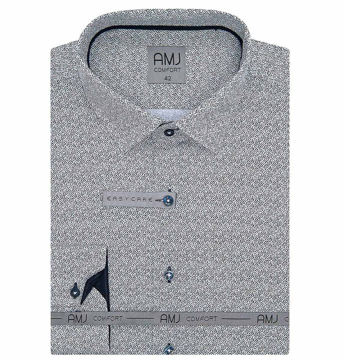 Pánská košile AMJ bavlněná, šedobílá károvaná VDBR1114, dlouhý rukáv (základní + prodloužená délka)