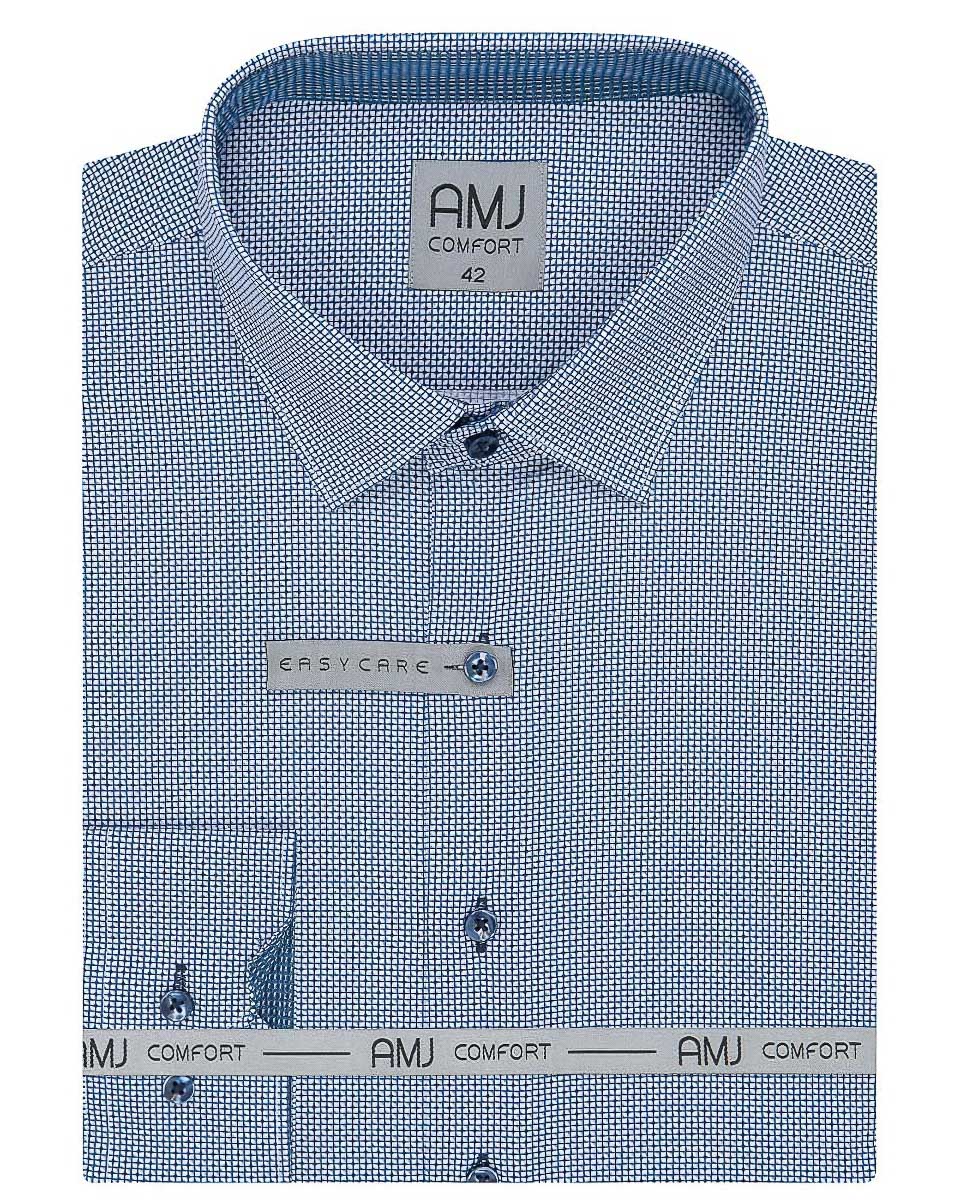 Pánská košile AMJ bavlněná, modrá kostkovaná VDBR1158, dlouhý rukáv (základní + prodloužená délka)