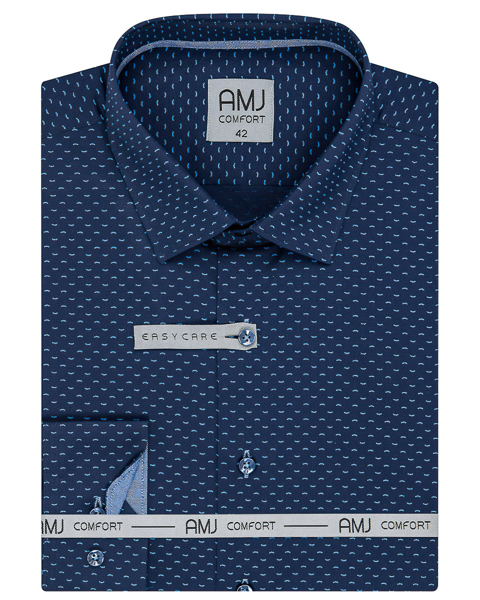 Pánská košile AMJ bavlněná, modrá vlnkovaná VDBR1166, dlouhý rukáv (regular + slim-fit)
