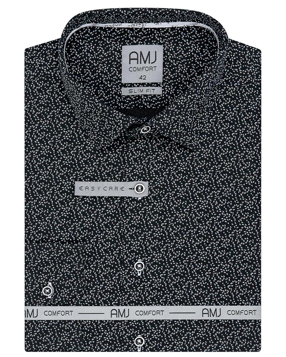 Pánská košile AMJ bavlněná, černá bílé kuří stopy VDSBR1160, dlouhý rukáv, slim fit (základní + prodloužená délka)