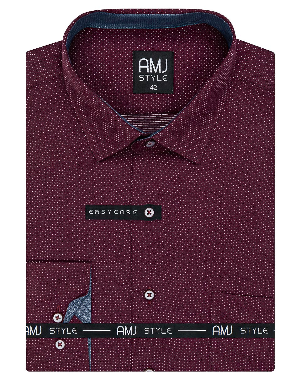 Pánská košile AMJ, vínová puntíkovaná VDR1181, dlouhý rukáv (základní + prodloužená délka)