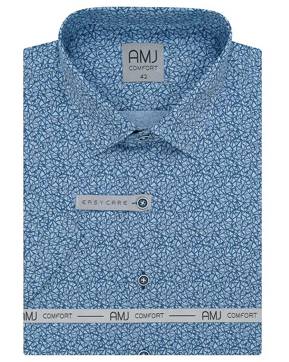Pánská košile AMJ bavlněná, modrá mozaika VKB1149, krátký rukáv (regular + slim fit)