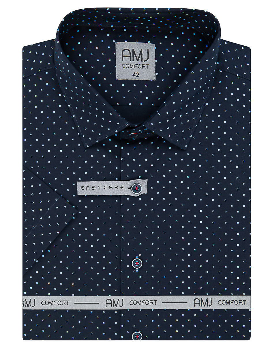 Pánská košile AMJ bavlněná, světle modré kostičky na tmavě modré VKB1150, krátký rukáv, regular fit