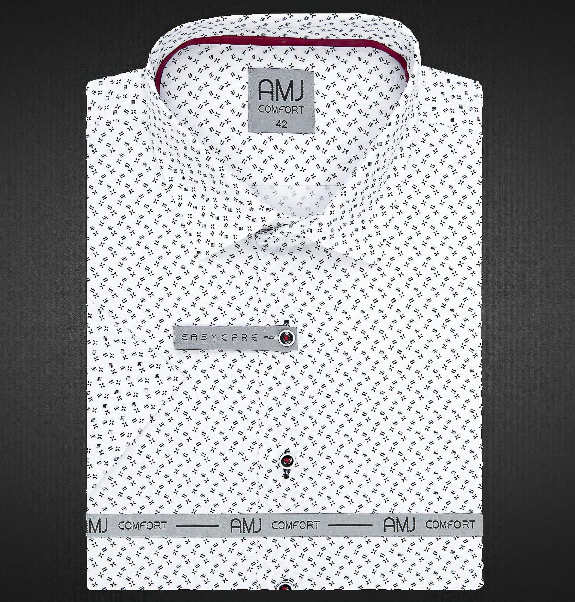 Pánská košile AMJ bavlněná, černé křížky a kostičky na bílé VKBR1135, krátký rukáv, regular fit