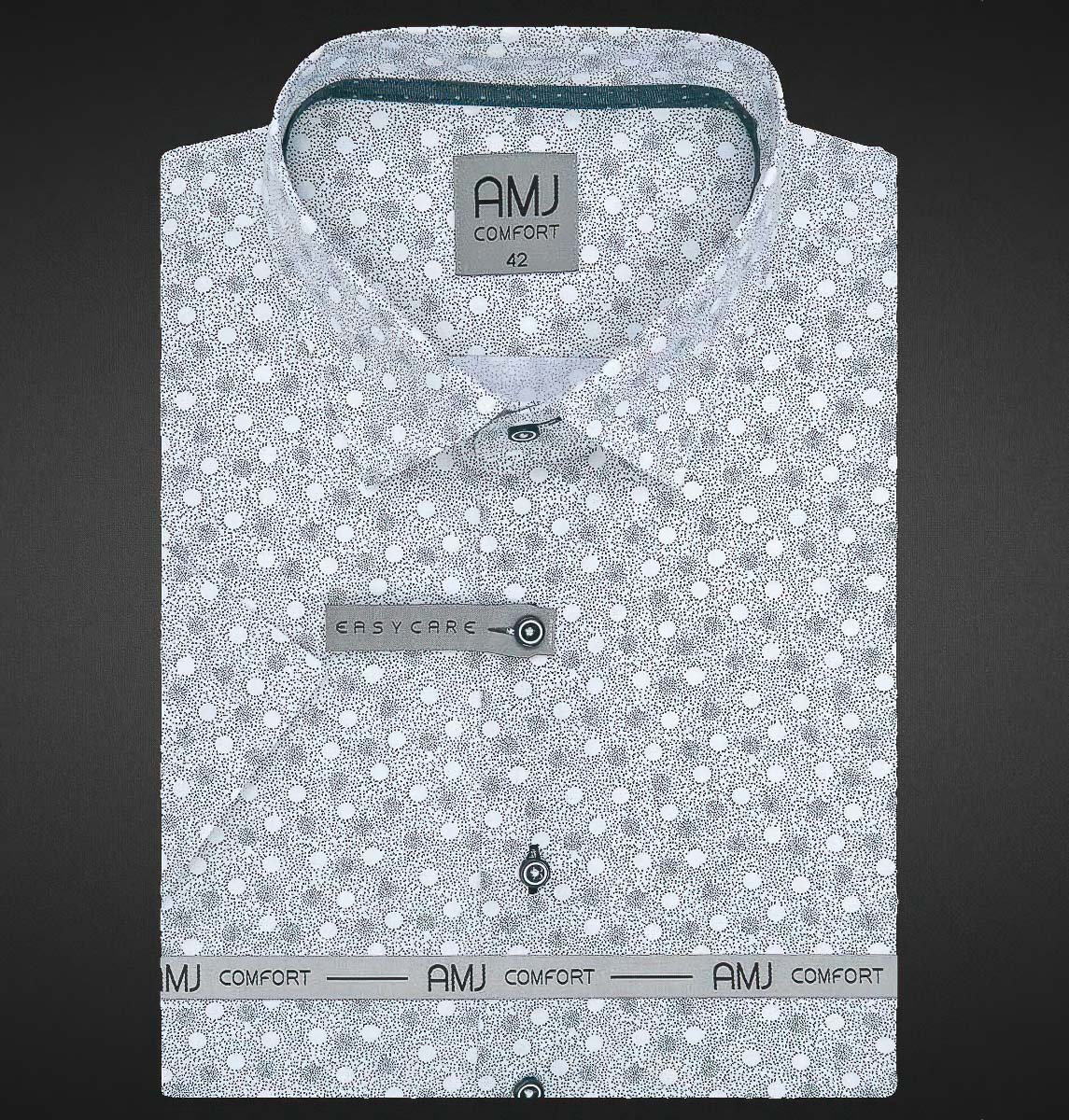 Pánská košile AMJ bavlněná, šedomodré puntíky a tečky na bílé VKBR1136, krátký rukáv (regular + slim fit)