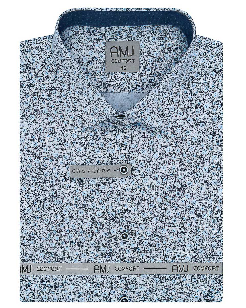 Pánská košile AMJ bavlněná, modrá s mramorovým vzorem s puntíky VKBR1142, krátký rukáv (regular + slim fit)