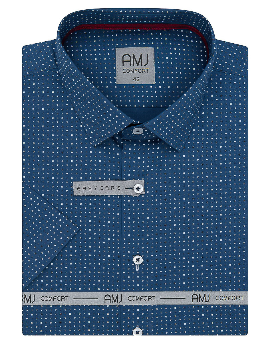 Pánská košile AMJ bavlněná, modá s čtverečky a trojúhelníčky VKBR1146, krátký rukáv (regular + slim fit)