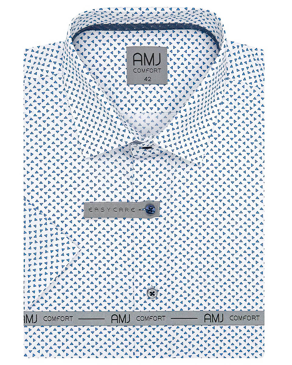 Pánská košile AMJ bavlněná, bílá s modrými trojúhelníky VKBR1148, krátký rukáv (regular + slim fit)