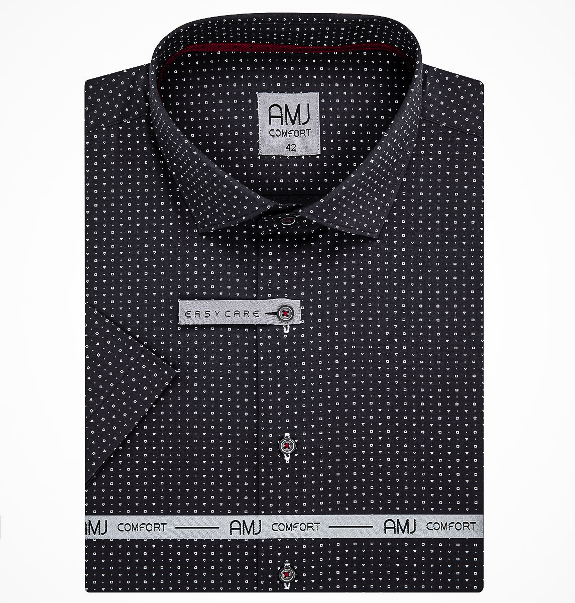 Pánská košile AMJ bavlněná, tmavě šedá s čtverečky a trojúhelníky VKBR1211, krátký rukáv (regular + slim fit)
