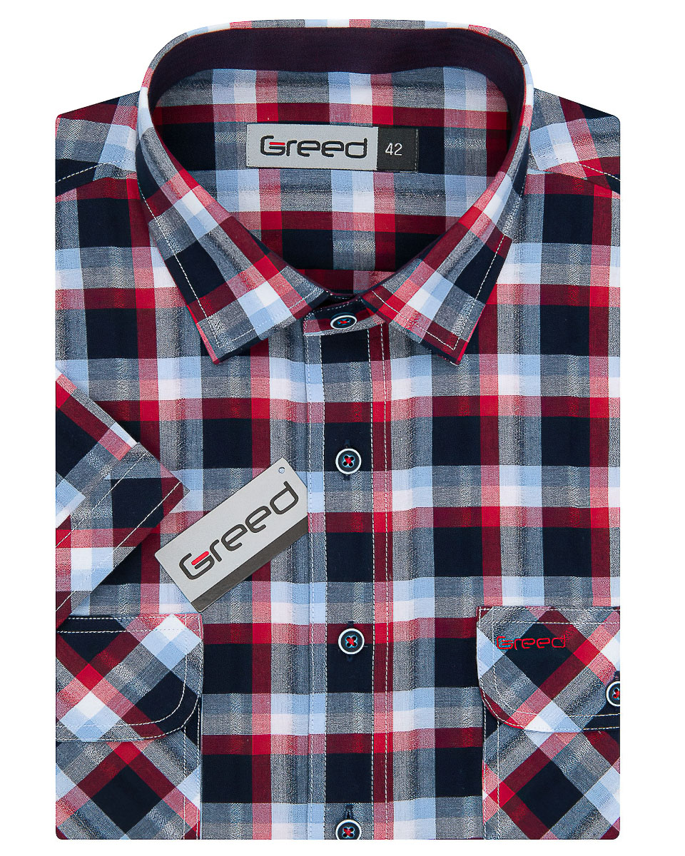 Pánská košile GREED sportovní, červeno-modrá károvaná SK371, krátký rukáv
