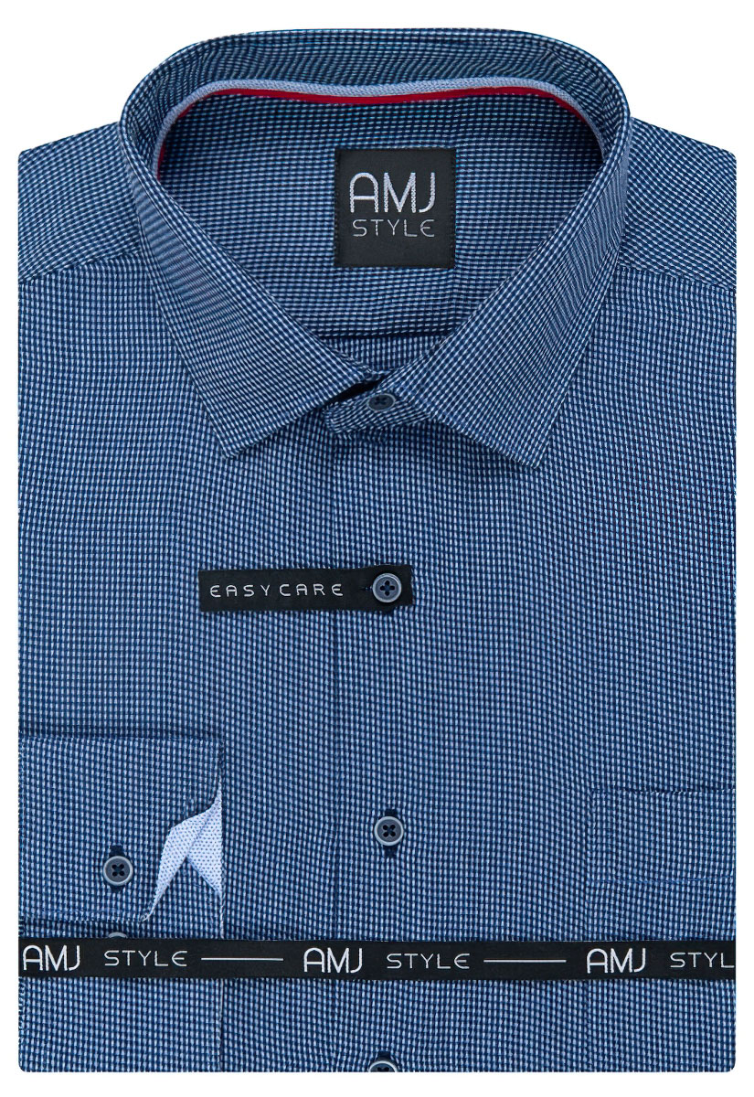 Pánská košile AMJ modrá kostičkovaná VDPR1007, dlouhý rukáv, prodloužená délka